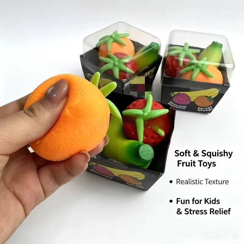 Schylling Nee Doh Groovy Fruit Squishy, Banane Orange Erdbeere, TPR Spielzeug - Bild 3