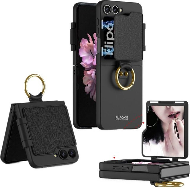 Stoßfeste Ringhalter-Telefonhülle mit Spiegel für Samsung Galaxy Z Flip 6 5G in Schwarz - Bild 1