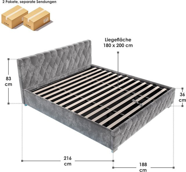 Juskys Polsterbett Nizza mit Bettkasten und LED-Beleuchtung in Grau, Samt mit Chesterfield-Steppung, B/T/H: 180 x 200 cm - Bild 4