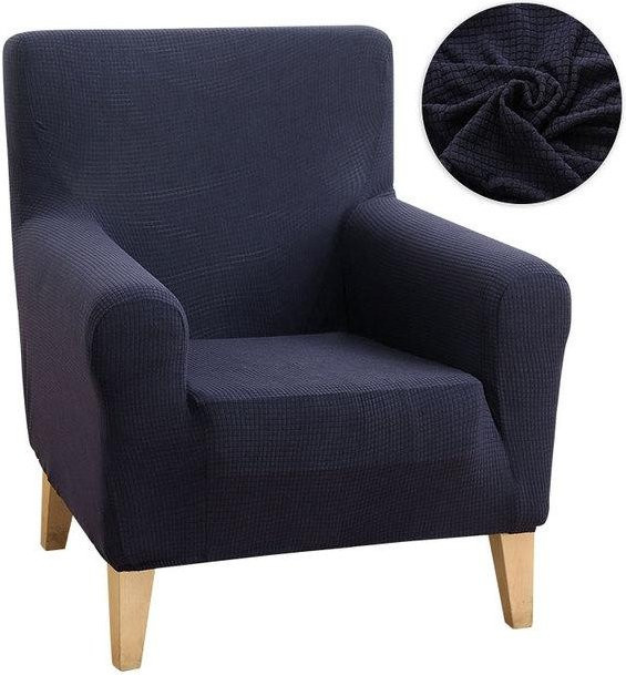 Levivel Wasserdichte Einzelsofa-Abdeckung mit Karomuster in Navy Blau, elastische und rutschfeste Sessel-Abdeckung aus Polyester-Elastan-Mix - Bild 1