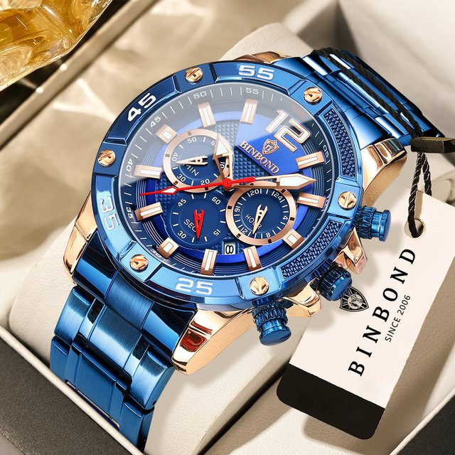 BINBOND Armbanduhr Edelstahl, Quarz, Blau, Bicolor, Herren - Bild 1