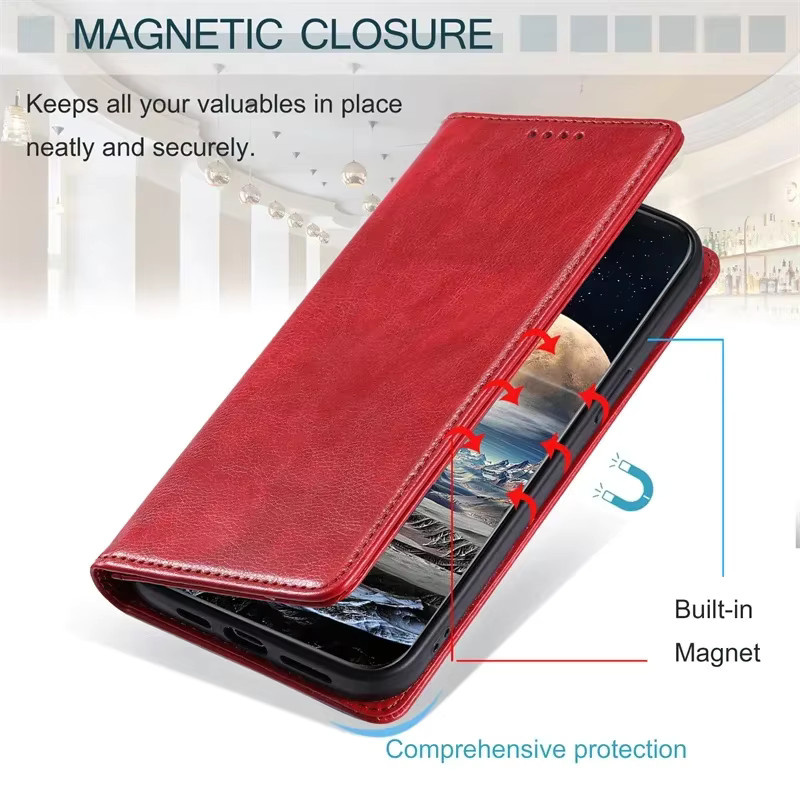 Magnetische Flip Ledertasche für Oppo A57s A78 A58 A57 A77 A74 A54 5G A53 A16 A15S A17 A96 A76 A36 A55 A52 A92 A8 in Schwarz oder Rot - Bild 5