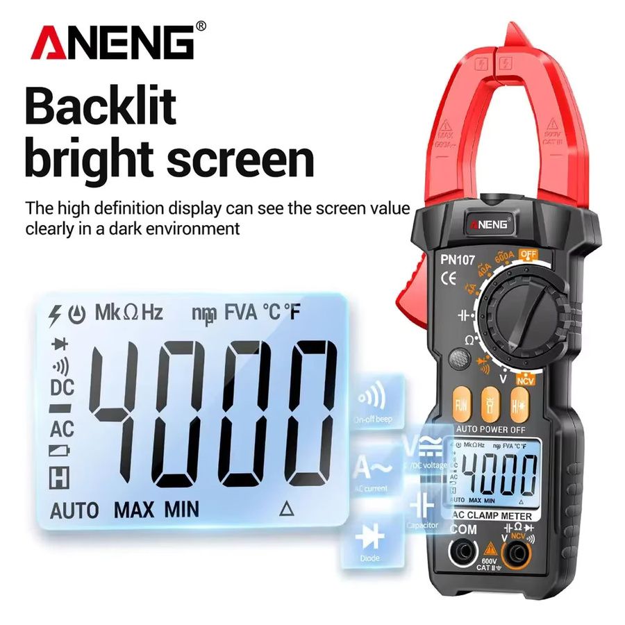 ANENG PN107 Zangenmessgerät Multimeter in Schwarz mit True RMS, 600 V Wechselspannung und 4000 Zählungen zur Messung von elektrischer Kapazität und Ohm-Test - Bild 3