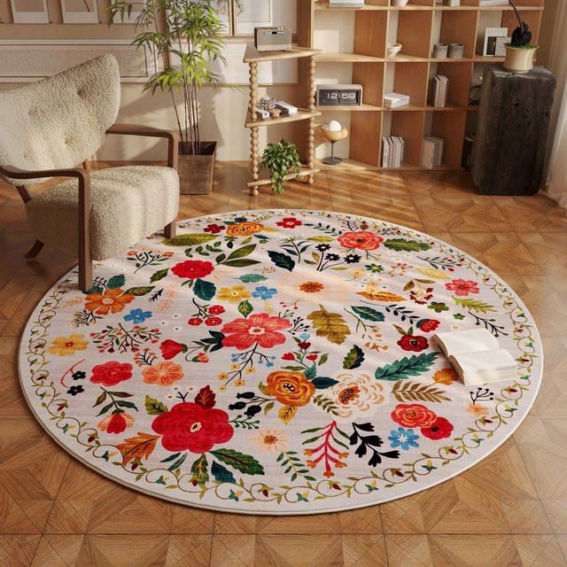 VIKAMA Runder Teppich mit Boho-Blumenmuster, Waschbar und Rutschfest, Multicolour, Durchmesser: 120 cm - Bild 1