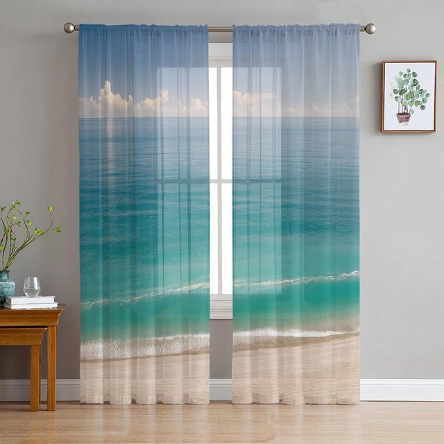 Yiran Furniture Transparente Vorhänge mit Sandstrandwellen und Palmen Motiv, Tüll Voile Organza Fenstervorhänge für Wohnzimmer, Küche oder Schlafzimmer, Blau, B: 135 cm, H: 115 cm - Bild 1