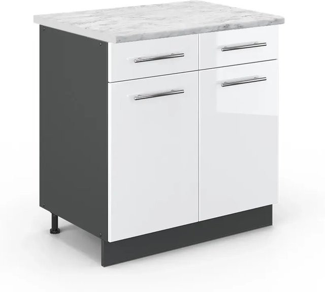 Vicco Küchenunterschrank Fame-Line Weiß Hochglanz Anthrazit mit Marmor-Optik B: 80 cm, H: 82 cm, T: 60 cm - Bild 1