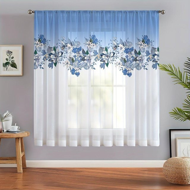 Romantischer Gradient-Orchideen-Vorhang in Blau, semi-transparente Gaze mit Blumenmuster für Schlafzimmer und Wohnzimmer, B: 175 cm, H: 215 cm - Bild 1