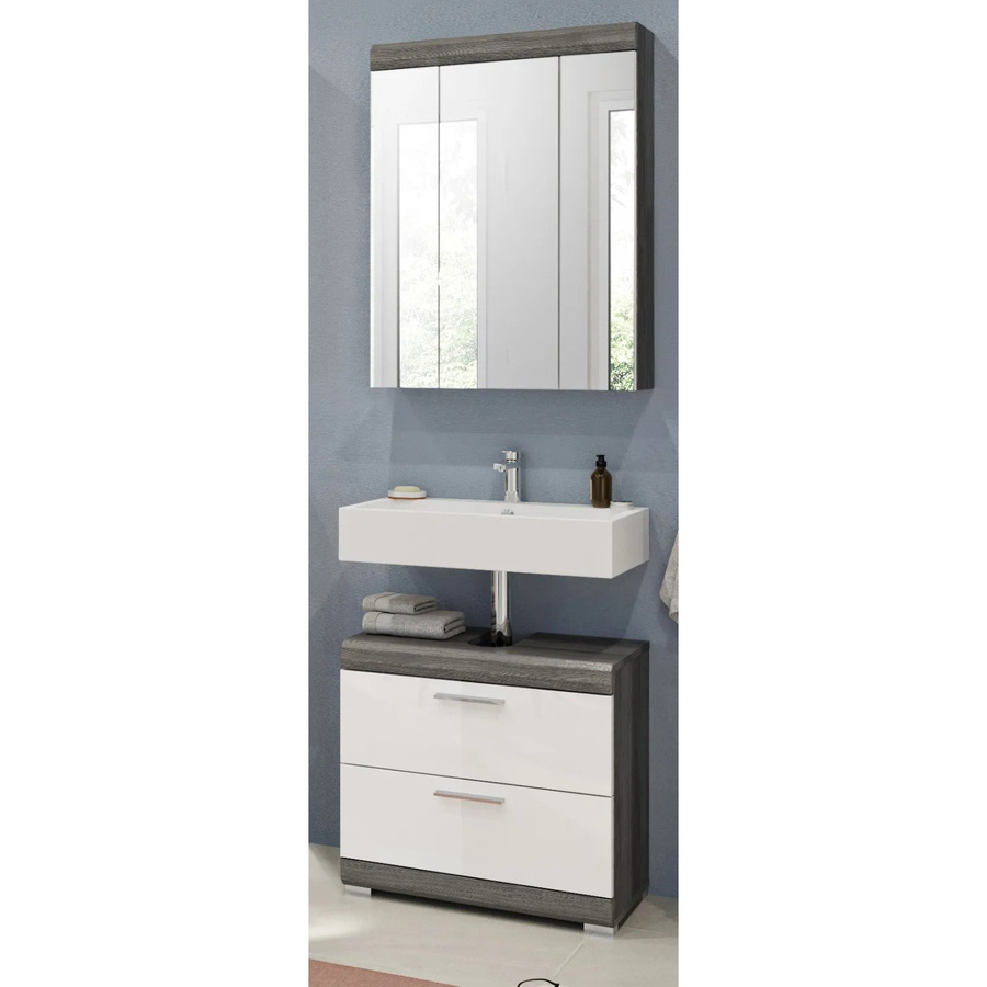 Inn.Furn Badmöbel-Set Shawn 2-teilig in Weiß Hochglanz und Grau mit Spiegel und LED-Beleuchtung, Breite: 60 cm - Bild 2