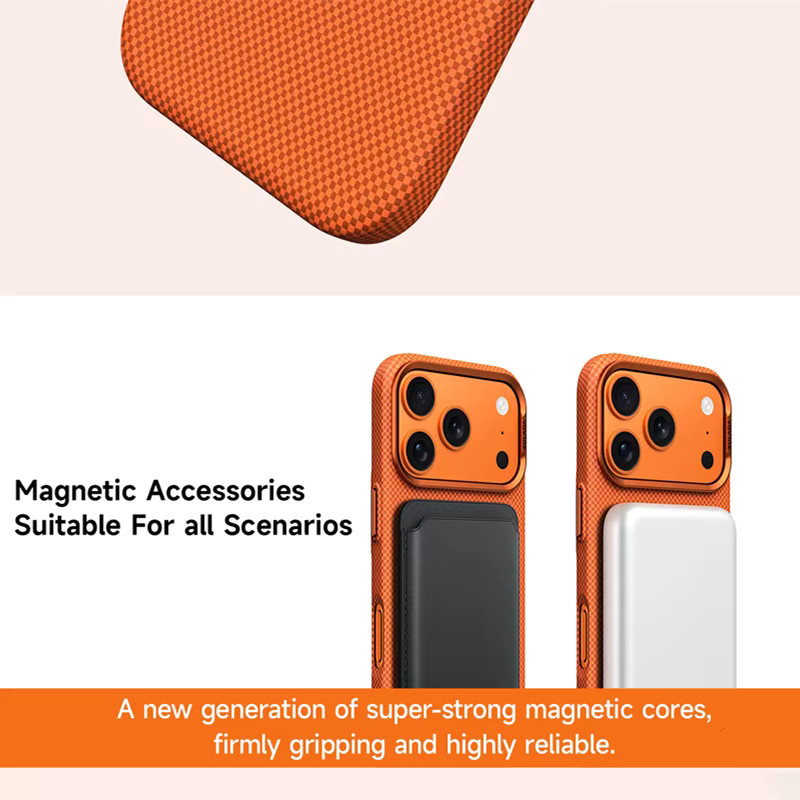 Magnetische Apple iPhone 17 Pro Max und 16 Pro Handyhülle aus Legierung in Orange mit Kohlefaser-Textur und kabelloser Ladefunktion - Bild 3