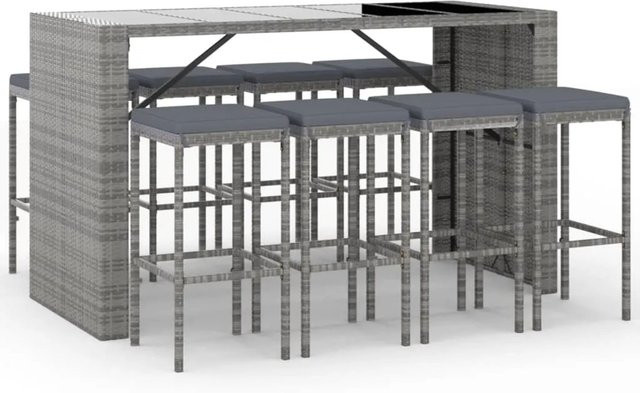 vidaXL 9-tlg Gartenbar-Set aus Poly Rattan mit Kissen und Hartglas in Grau - Bild 1