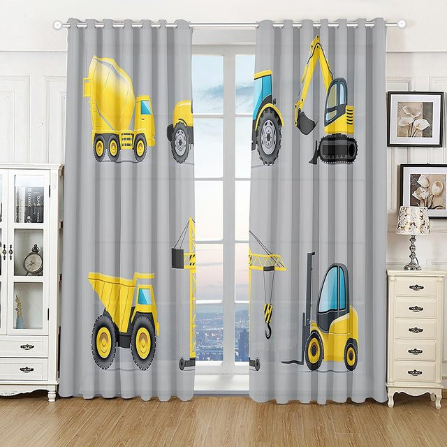 Yiran Furniture Kinder Vorhänge mit Cartoon Auto Lkw Bagger Motiv, 2er Set, Grau, B: 50 cm, H: 130 cm - Bild 1
