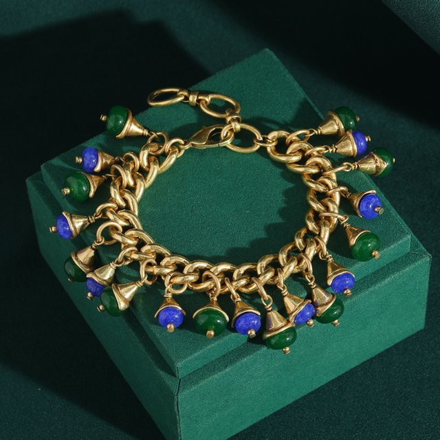 STALAIT Armband, goldfarben, blau-grüne Glasblumen und Quasten, Damen - Bild 1
