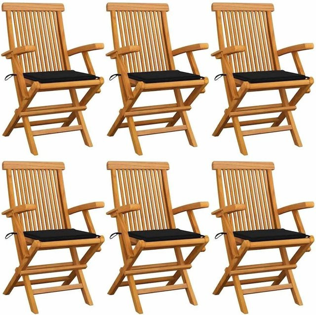 vidaXL Gartenstuhl-Set aus Teak-Massivholz mit schwarzen Kissen, 6 Stück, braun - Bild 1