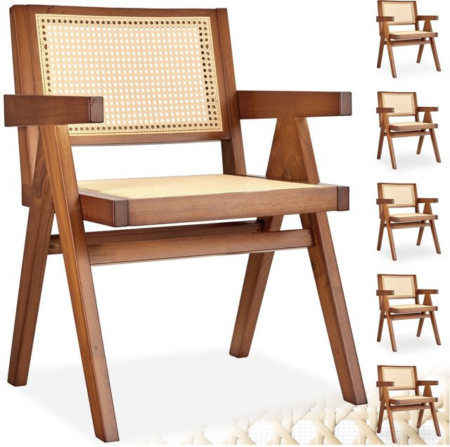tectake Armlehnstuhl Lissy im Boho-Stil aus massivem Holz mit Wiener Geflecht, 6er Set, Eiche Dunkel, B: 59 cm, T: 56,5 cm, H: 82,5 cm - Bild 1
