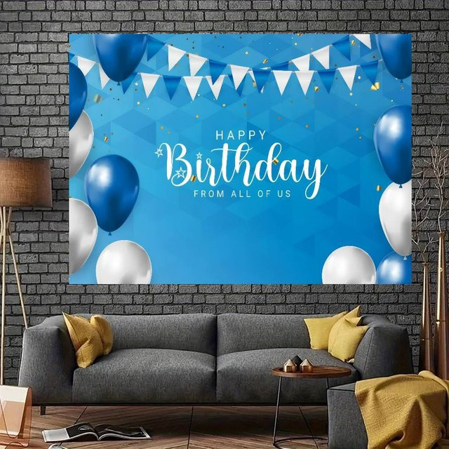 Mesuca Fotohintergrund für Geburtstage und Weihnachten in Blau mit Fenster und Kamin, B/H: 70 x 70 cm - Bild 1