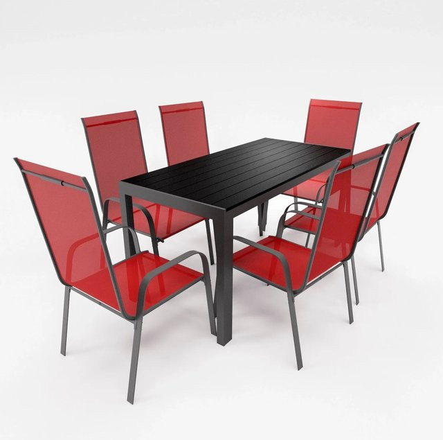 Lex Gartenmöbel Set 7-teilig mit Aluminium Tisch und 6 Stapelsesseln in Burgundrot - Bild 1