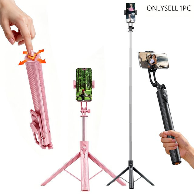 Tragbares Selfie-Stick-Stativ in Pink mit Ein-Knopf-Auslösung, 360 Grad Rotation und 230 Grad verstellbarem Kopf für dein iPhone - Bild 1