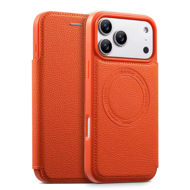 Leder Handyhülle Flip Wallet mit Kartensteckplatz für Apple iPhone 17 16 15 14 13 Pro Max Air Bumper Cover in Blau und Orange - Bild 2