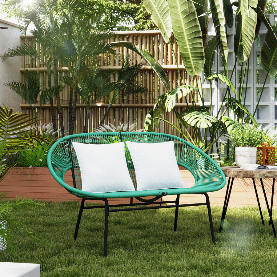 Outsunny Gartenbank 2-Sitzer aus Stahl und Rattan-Seilgeflecht mit 2 Kissen, Dunkelgrün, B/T/H: 72 x 132 x 83 cm - Bild 2