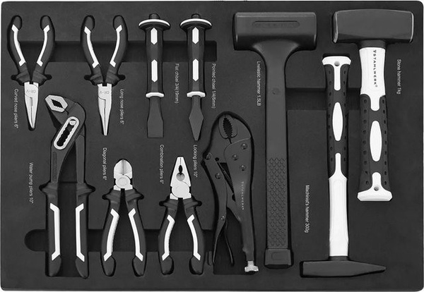 STAHLWERK Werkzeugwageneinlage mit 11-teiligem Werkzeugset aus Hammer und Zangen in Schwarz mit Schaumstoffeinlage