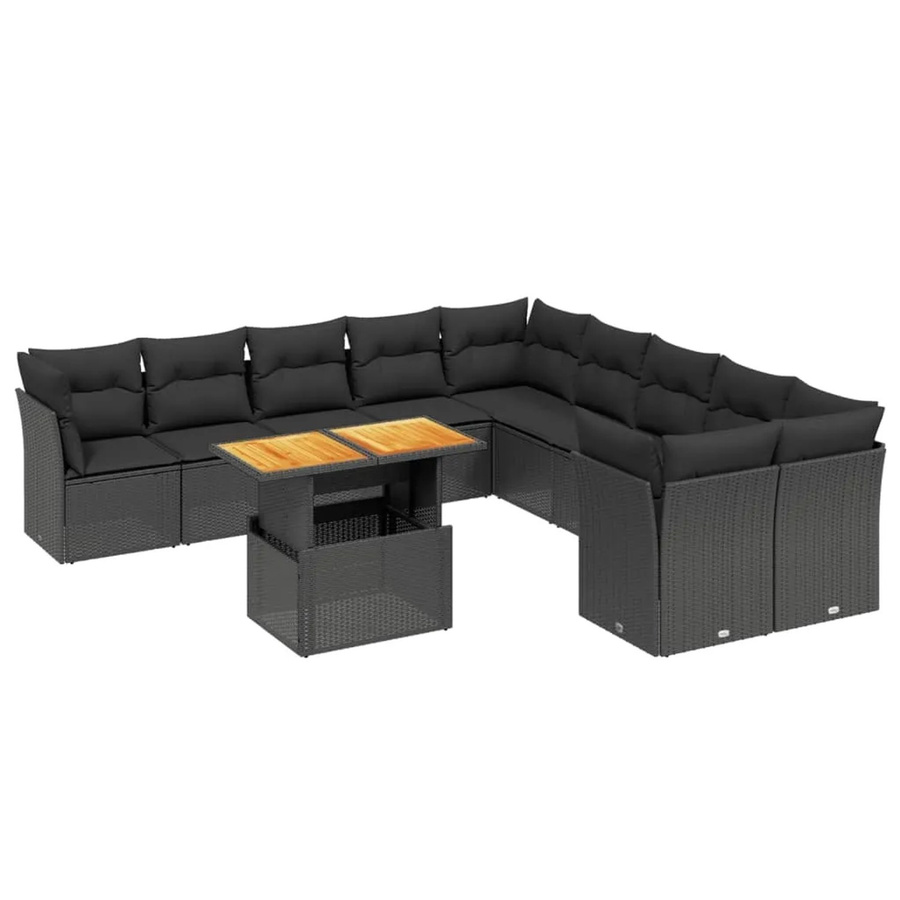 vidaXL 11-teilige Garten-Sofagarnitur aus Polyrattan in Schwarz mit Kissen und Tisch, L-Form - Bild 2