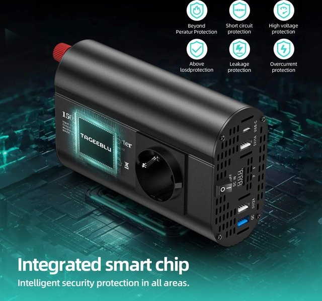 TATALIKEN Auto-Wechselrichter 12 V auf 220 V mit USB-C-Anschluss und Lüfter, Schwarz - Bild 1