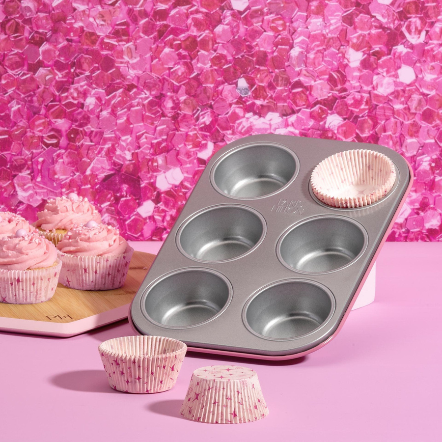 Paris Hilton Muffinform 6er Set aus Stahl mit 50 Papierbackförmchen, Pink/Silber, Antihaftbeschichtet, Rund - Bild 2