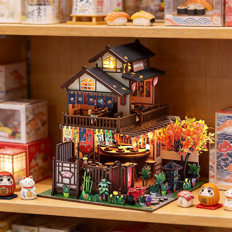 zuuton Japanisches Restaurant Miniatur-Puppenhaus, DIY-Set, 3D-Holzpuzzle, mit LED-Beleuchtung - Bild 2