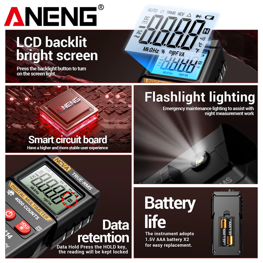 ANENG M114 True RMS Digital-Multimeter mit NCV-Tester und Spannungsprüfer in Schwarz - Bild 3