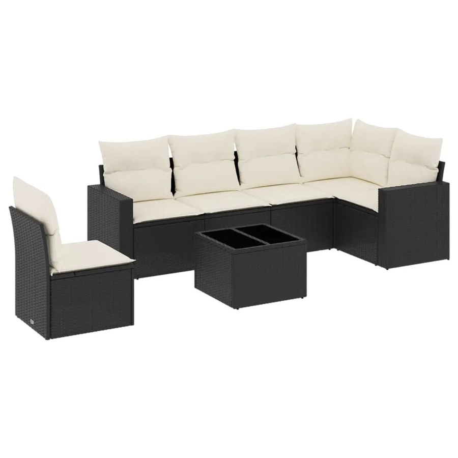 vidaXL 7-tlg Garten-Sofagarnitur in L-Form aus schwarzem PE-Rattan mit cremeweißen Kissen und pulverbeschichtetem Stahlgestell - Bild 2