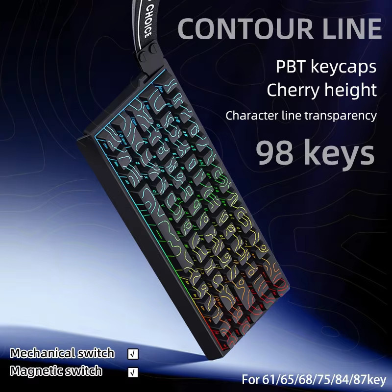 98-Tasten PBT Tastenkappen mit topografischem Design und seitlicher Gravur in Cherry-Profil für hintergrundbeleuchtete Layouts, Farben: Weiß und Schwarz - Bild 2