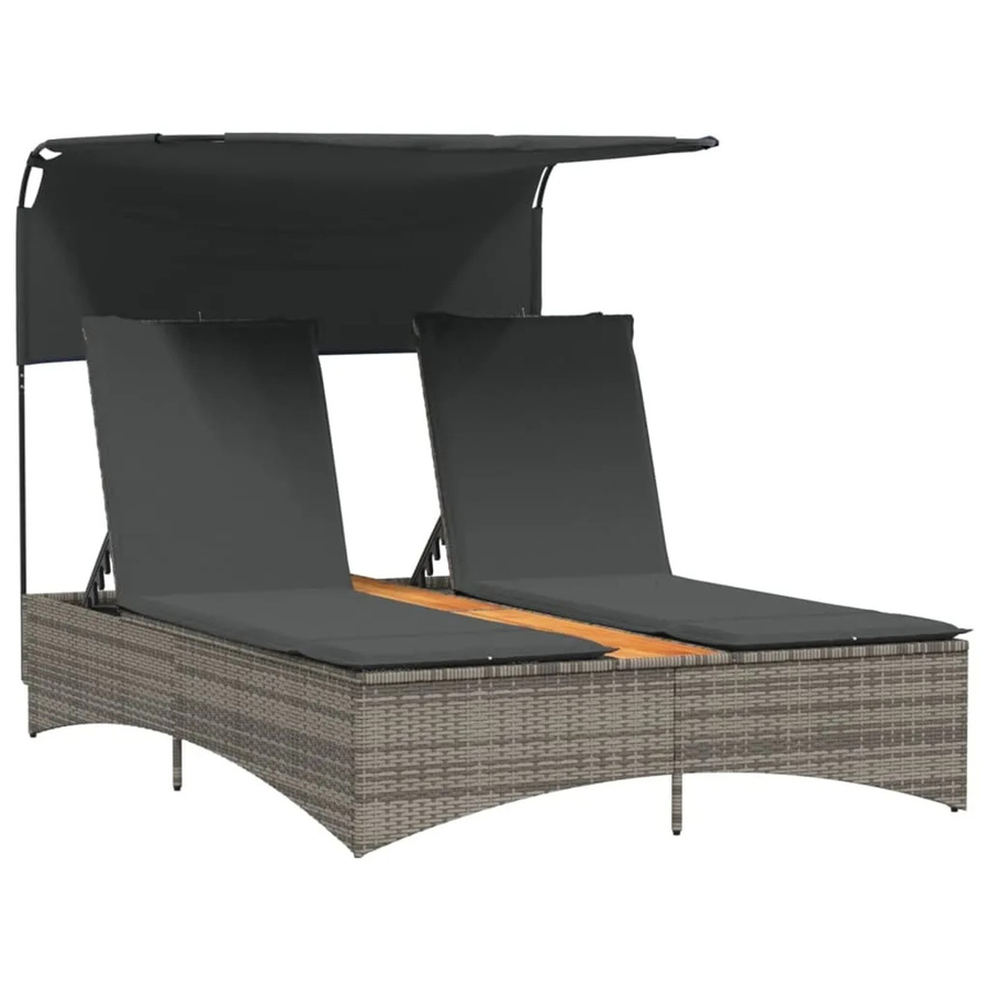 vidaXL Doppel-Sonnenliege aus Polyrattan mit Sonnendach und Auflagen, Grau, B/T/H: 136 x 220 x 140 cm - Bild 2