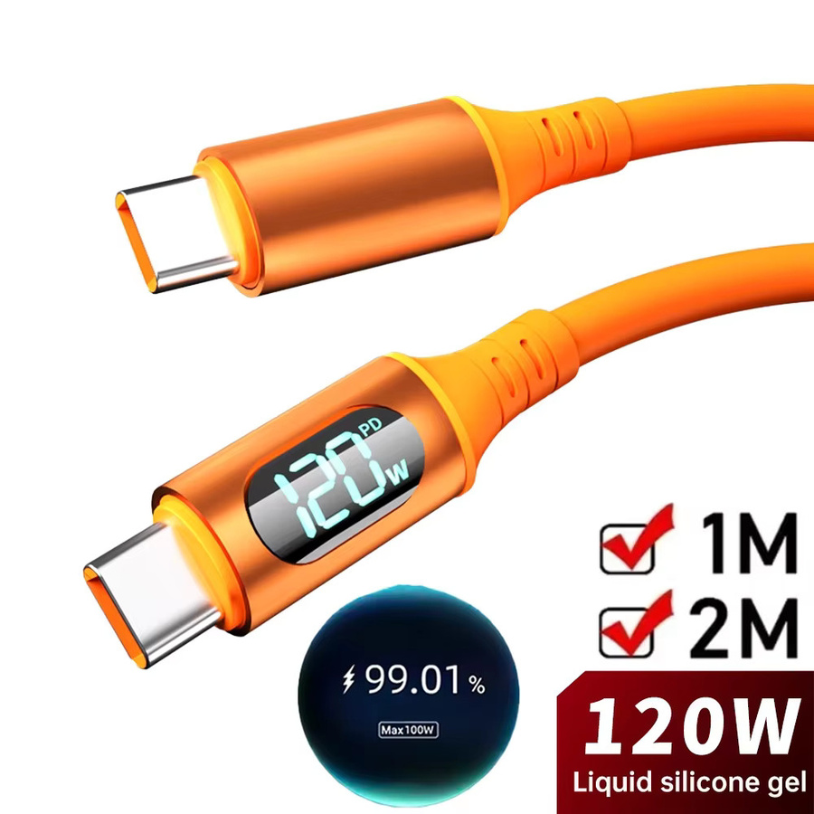 USB-Typ-C-Schnellladekabel mit 120 W und LED-Digitalanzeige in Orange aus flüssigem Silikon - Bild 3