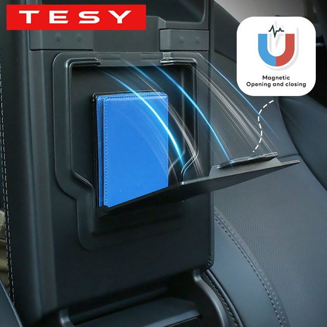 TESY Armlehnen-Organizer mit magnetischer Aufbewahrungsbox für Tesla Model Y und Model 3 Highland, Schwarz - Bild 1