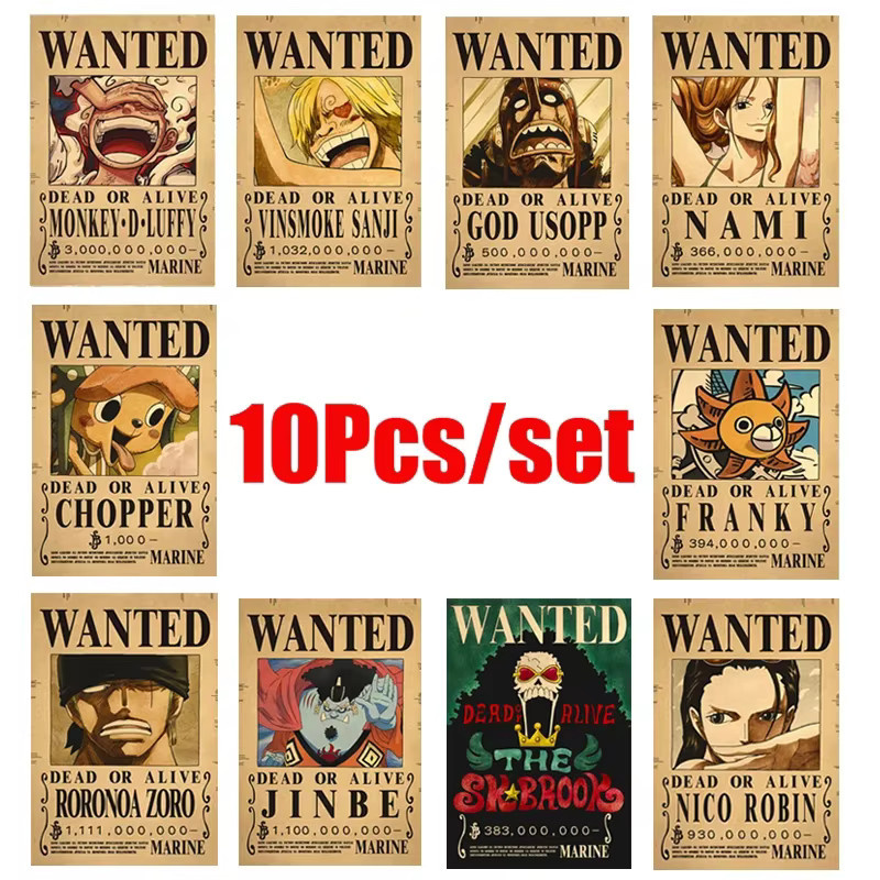 10er Set One Piece Anime Wanted Vintage Poster von Bandai zur Wanddekoration in Mehrfarbig - Bild 1