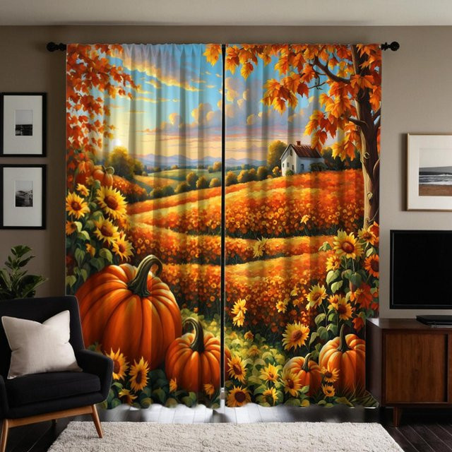 2er-Set Dekovorhang mit Sonnenblumen- und Ahorn-Print, Gelb und Orange, B: 132 cm, H: 160 cm - Bild 1