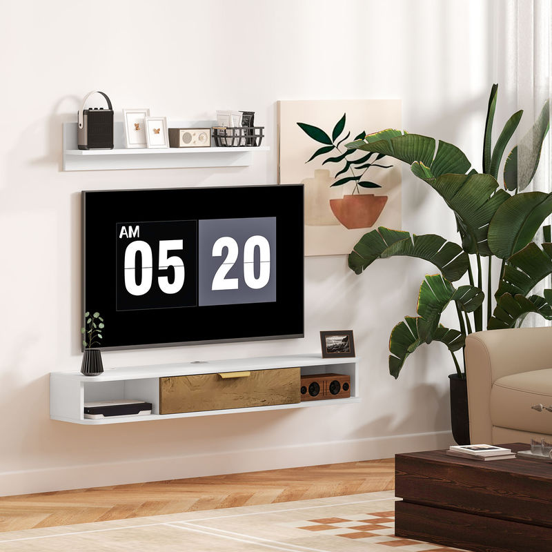 HOMCOM Wandmontiertes TV-Möbel Set mit Wandregal aus Holz in Weiß, B/T/H: 120 x 24 x 16 cm - Bild 2