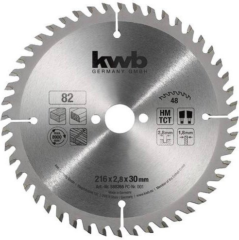 Kwb Kreissägeblatt für Holz und Kunststoff, Carbide Tipped, Farbe: Silber, Durchmesser: 216 mm, Bohrung: 30 mm - Bild 1