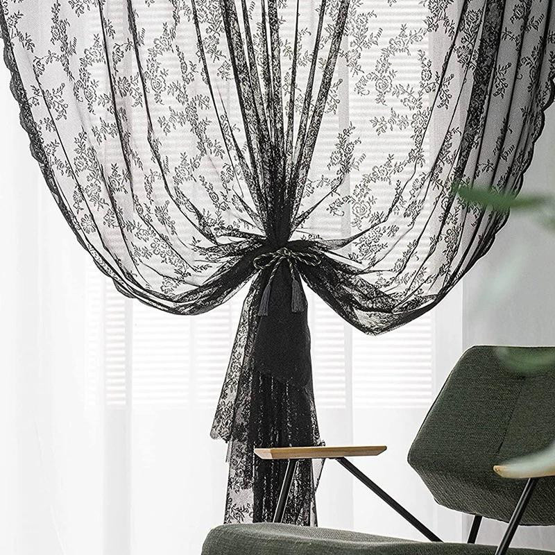 Fanda Transparenter Spitzenvorhang mit Blumenmuster für Fenster und Wohnzimmer, Schwarz, B: 100 cm, H: 200 cm - Bild 3