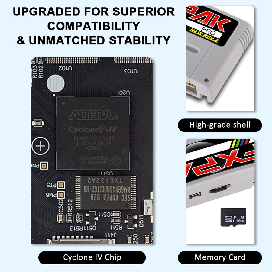 Everdrive Premium Retro FXPAK Rev Z 16bit Spiele-Kassette für SNES mit 1200 Spielen, Cyclone Chip und 16 GB Micro SD-Karte in Schwarz und Transparent - Bild 4