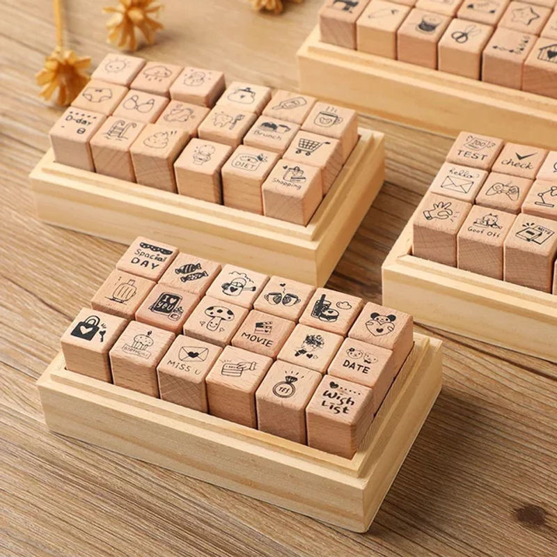 18-teiliges Holz-Siegel-Set in Braun mit Holzkiste für DIY-Tagebuch und Dekoration - Bild 1
