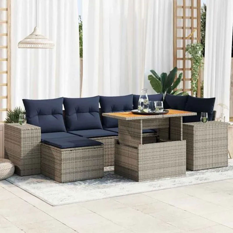 7-teilige moderne Garten-Sofagarnitur mit Kissen aus grauem Poly-Rattan von vidaxl - Bild 1