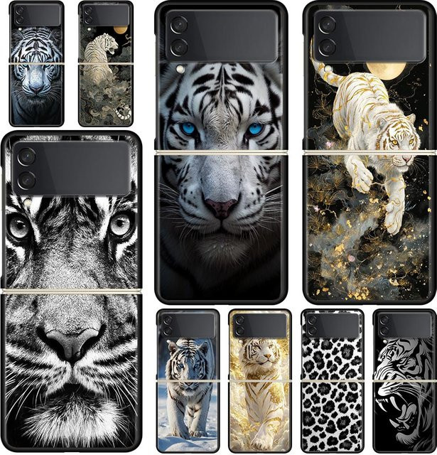 Schutzhülle mit weißem Tiger Tiermotiv für Samsung Galaxy Z Flip 3 4 5 6 7 in Schwarz und Weiß aus PC Hartschale - Bild 1