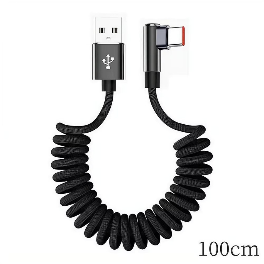 120W USB Typ-C Schnelllade-Spiralkabel in L-Form mit 90-Grad-Stecker, einziehbares Federkabel für Auto, Gaming und Mobiltelefone, Schwarz - Bild 4
