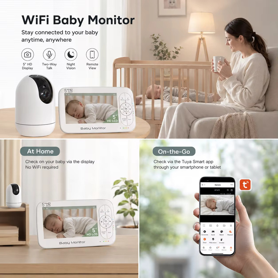 Aurovue HD-Video-Babyphone-Set mit 5-Zoll-Bildschirm, Tuya Smart App Steuerung, Zwei-Wege-Audio, Infrarot-Nachtsicht und Temperaturüberwachung, Weiß - Bild 2