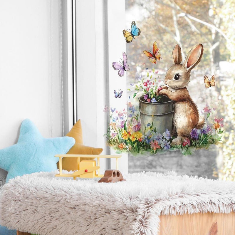 Wandaufkleber mit Cartoon Kaninchen, Blumen und Schmetterlingen in Multicolour, B/H: 30 x 40 cm - Bild 3