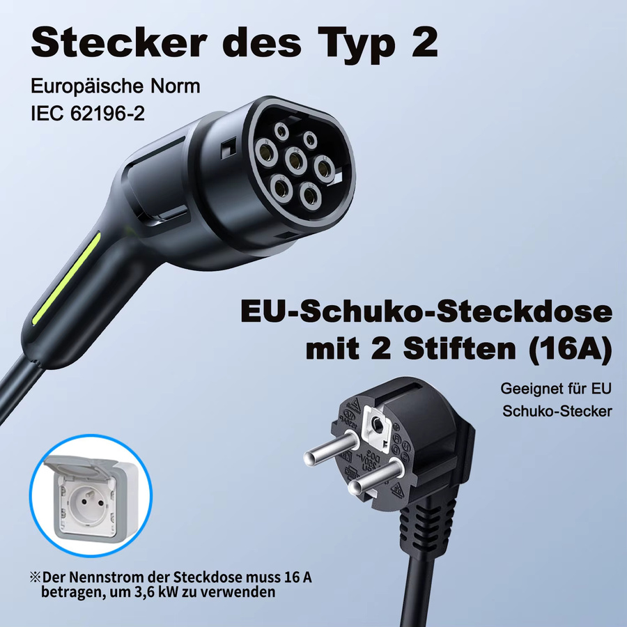 VDL EV-Ladegerät Typ 2 für Elektroautos mit 3,6 kW und 5 m Ladekabel, IP65 Einphasen-Ladestation mit EU-Schuko-Stecker - Bild 2