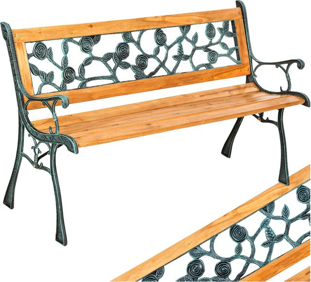 tectake Gartenbank Marina 2-Sitzer aus Holz und Gusseisen in Braun, B/T/H: 124 x 52 x 74 cm - Bild 1