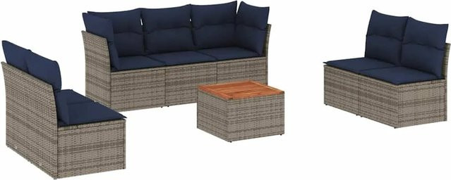 vidaXL 8-teilige Garten-Sofagarnitur in L-Form aus grauem PE-Rattan mit Akazienholz-Tisch und Kissen - Bild 1