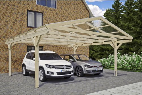 Skan Holz Carport Westerwald Satteldach aus Fichten-Leimholz in Beige mit Polycarbonat-Dach B/T: 570 x 648 cm, Höhe: 308 cm - Bild 1
